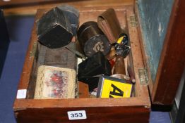 A 19TH CENTURY MAHOGANY BOX AND OTHER ITEMS.