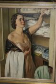 LEONARD FULLER (1891-1973) THE LINEN CUPBOARD PORTRAIT OF THE ARTIST`S WIFE, MARJORIE. SIGNED OIL ON