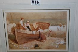 19TH.C./20TH.C. ENGLISH SCHOOL FISHER CHILDREN AND BOAT ON A BEACH, WATERCOLOUR, 14 X 20CM.