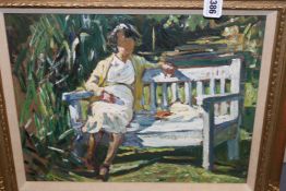 DOROTHEA SHARP (1874-1955) ARR IN A DORSET GARDEN - GIRL ON A GARDEN SEAT, OIL ON BOARD, TITLED ON