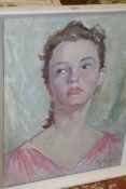 MARJORIE MOSTYN (B1893-?) ( NANCY FULLER ) GIRL IN PINK (SUSAN) SIGNED AND DATED 1954 OIL ON CANVAS.