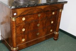 A FRENCH WALNUT GILT BRONZE MOUNTED MARBLE TOPPED CHEST