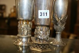 A SET OF THREE HALLMARKED SILVER HAND-MADE GOTHIC FORM GOBLETS