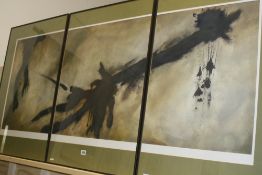 A MIXED MEDIA ABSTRACT TRIPTYCH, SIGNED D. ? REEDE `83, 149 X 56.5 APPROXIMATELY OVER ALL.