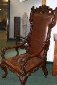 A LARGE VICTORIAN CARVED ROSEWOOD OPEN ARMCHAIR