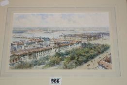 A WATERCOLOUR OF ST.PETERSBERG BY CHARLES FLOWER SIGNED. 18X28 CMS. A PRINT AND A SILKWORK