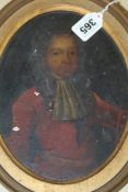 AN 18TH.C.ENGLISH SCHOOL OVAL PORTRAIT OF A GENTLEMAN. OIL ON PANEL. 21X16 CMS