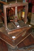 AN 18TH.C.SMALL OAK BIBLE BOX AND A 19TH.C.FRUITWOOD BINDING CLAMP