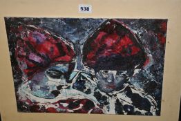 A 20TH CENTURY ABSTRACT OIL ON BOARD OF TWO FACES, INDISTINCTLY SIGNED, 30.5 X 40.5CM.