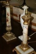 TWO GILT BRASS AND ONYX TABLE LAMPS AND A MARBLE EXAMPLE