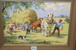 A PAIR  OF 20TH CENTURY OIL ON BOARDS DEPICTING FARMING SCENES, SIGNED KENNETH LONGSTAFF, 26 X 37CM.