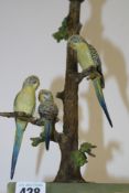 A COLD PAINTED BRONZE TABLE LAMP BASE IN THE FORM OF A TREE WITH THREE PERCHING BUDGERIGARS. ONYX