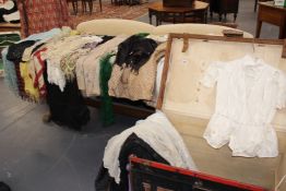 A COLLECTION OF VICTORIAN AND LATER DRESSES, COSTUME AND LACE CONTAINED IN A TRUNK.