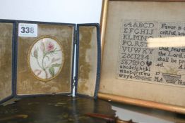 TWO 18TH CENTURY SAMPLERS AND A PAPIER MACHE FAN.