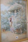 LIONEL PERAUX (1871-?) FRENCH, COURTING SCENE IN A GARDEN, SIGNED, WATERCOLOUR, 43.5 X 32CM.