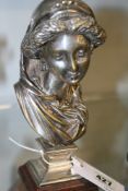A.CARRIER, (FRENCH 19TH.C.CARVER) A BUST OF A CLASSICAL MAIDEN, SIGNED, SILVERED BRONZE AND MARBLE