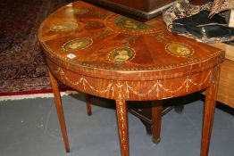 AN ANTIQUE SHERATON REVIVAL SATINWOOD AND PAINT DECORATED FOLD OVER CARD TABLE