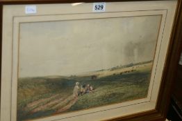 A 19TH.C. WATERCOLOUR CHILDREN AND CATTLE IN AN EXTENSIVE LANDSCAPE. BEARS SIGNATURE. 23 X 36.5CM.