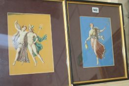 A PAIR OF ITALIAN WATERCOLOURS OF CLASSICAL FIGURES, 20.5 X 15CM.