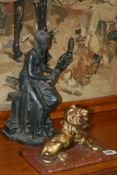 A PAIR OF VICTORIAN SPELTER MARLEY HORSES A GILT DECORATED FIGURE OF A LION AND A SIMILAR