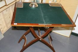 AN EDWARDIAN MAHOGANY AND SILVERPLATE FOLDING GAMES TABLE