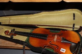 A VINTAGE VIOLIN WITH FIGURED TWO PIECE BACK AND A BOW