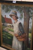 E. FAIRVELD(?) (20TH CENTURY), YOUNG WOMAN PICKING APPLES IN A GARDEN, SIGNED, OIL ON CANVAS, 45 X