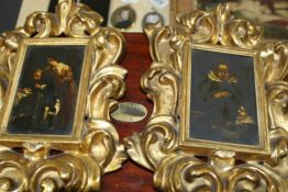 TWO MINIATURES AFTER OLD MASTERS IN CARVED ITALIAN GILT FRAMES. OIL ON METAL