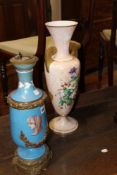 TWO VICTORIAN ENAMELLED GLASS LAMP BASES TOGETHER WITH TWO SIMILAR VASES