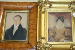 TWO EARLY 19TH CENTURY ENGLISH SCHOOL MINIATURE PORTRAITS OF A LADY AND GENTLEMAN, ONE IN A MAPLE