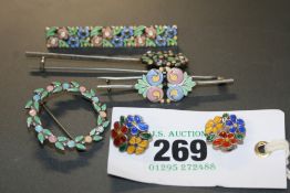 A COLLECTION OF ENAMELLED SILVER JEWELLERY BY BERNARD INSTONE TO INCLUDE BAR-PINS, EAR CLIPS,ETC