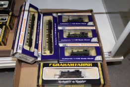 FOUR N-GAUGE LOCOMOTIVES, ONE BY GRAHAM FARRISH AND TWO COACHES, ALL WITH BOXES. (7)