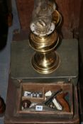 TWO OIL LAMPS, VARIOUS BOOKS, CUTLERY SET,A WOODWORKING PLANE,ETC