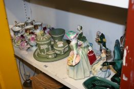 A DOUTON FIGURINE DAFFY DOWN DILLY, TWO OTHERS, WEDGWOOD JASPERWARES, ROYAL ALBERT CREAM JUGS,ETC