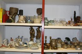 A LARGE QTY OF ART POTTERY, GLASSWARE,TREEN,ETC