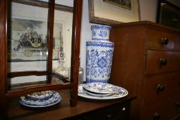 VARIOUS BLUE AND WHITE CHINA AND TWO DECANTERS