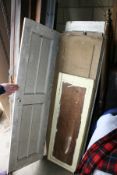 A SET OF ANTIQUE PAINTED PINE SHUTTERS, CABINET SECTIONS,ETC