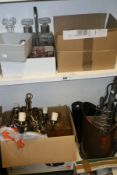 VARIOUS COPPER AND BRASSWARES, DECANTERS AND GLASSSWARE,TEAWARES,ETC