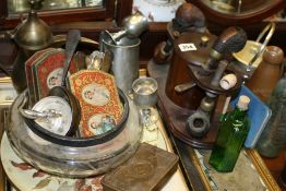 A 1914 PRINCESS MARY TIN, A MANTLE CLOCK, PIPE STAND,ETC