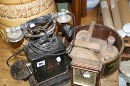 A LARGE STONEWARE BARREL, QTY OF BUTTER MOULDS, VINTAGE TELEPHONE AND AN ELLIOTT MANTLE CLOCK