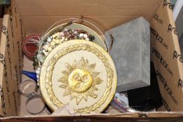 A BOX OF VARIOUS COSTUME JEWELLERY, ETC.