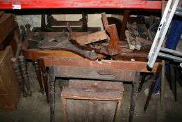 A GROUP OF ANTIQUE AND LATER TABLE PARTS, STOOLS,ETC