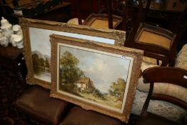 JOHN R TOWNSEND OIL ON CANVAS RURAL SCENE WITH FIGURES AND HORSE BEFORE A COTTAGE TOGETHER WITH