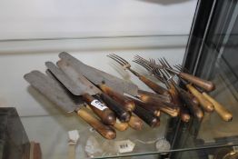 A SET OF 19TH CENTURY HORN HANDLED KNIVES AND FORKS BY RODGERS CUTLERY, NORFOLK WORKS, SHEFFIELD.