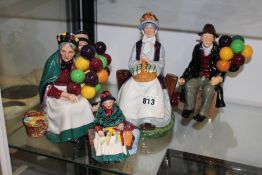 ROYAL DOULTON FIGURES: THE BALOON MAN, THE OLD BALLOON SELLER, BALLOON GIRL, REST AWHILE AND