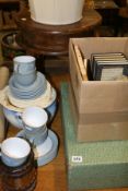 A HARDWOOD OCCASIONAL TABLE, PICNIC SET, BOOKS,DENBY COFFEE SET,ETC