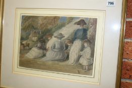 A LATE 19TH.C.WATERCOLOUR FAMILY GROUP AROUND CAMP FIRE