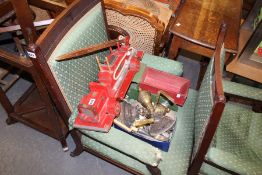 TWO WOODEN TOYS, VARIOUS PLATED CUTLERY AND A PAIR OF FIRE DOGS