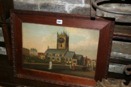 A 19TH.C.OIL ON PANEL WITH CLOCK APERTURE