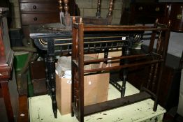 A VICTORIAN EBONISED CARD TABLE, AN OCCASIONAL TABLE AND A TOWEL RAIL